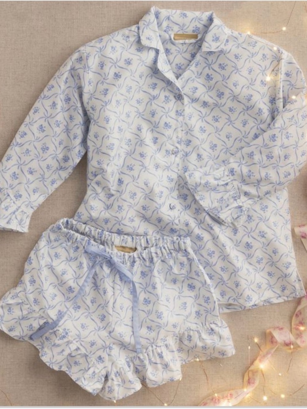 🆕 Pottery Barn Teen LoveShackFancy Floral Trellis Sateen Pajama Set Blue